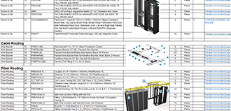 Screen capture of a spreadsheet, showing images of a telecommunications rack, and network cabinets