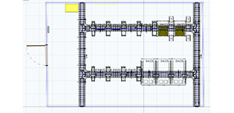 Overhead view of the layout of network racks and cabinets and cable pathways in a central office