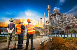 Three men in safety vests stand in front of an oil refinery, showcasing a commitment to safety in an industrial environment.