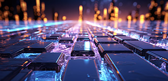 abstract illustration of 3d cubes with lights and cityscape blurred in the background