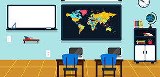 classroom with video screen, white board, and tools for learning